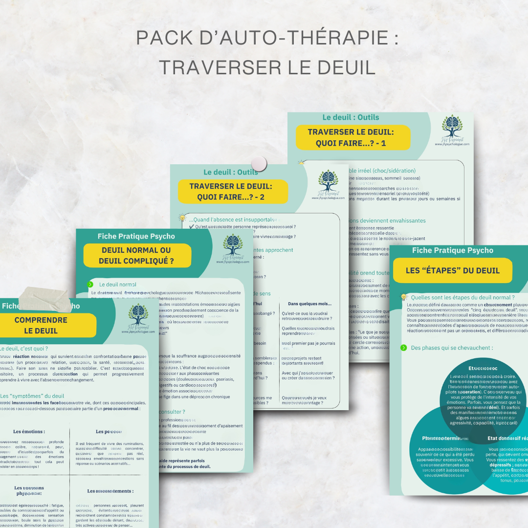 Aperçu des fiches du Pack d'auto-thérapie Traverser le deuil : comprendre le deuil, étapes, deuil normal ou compliqué, outils pratiques PDF