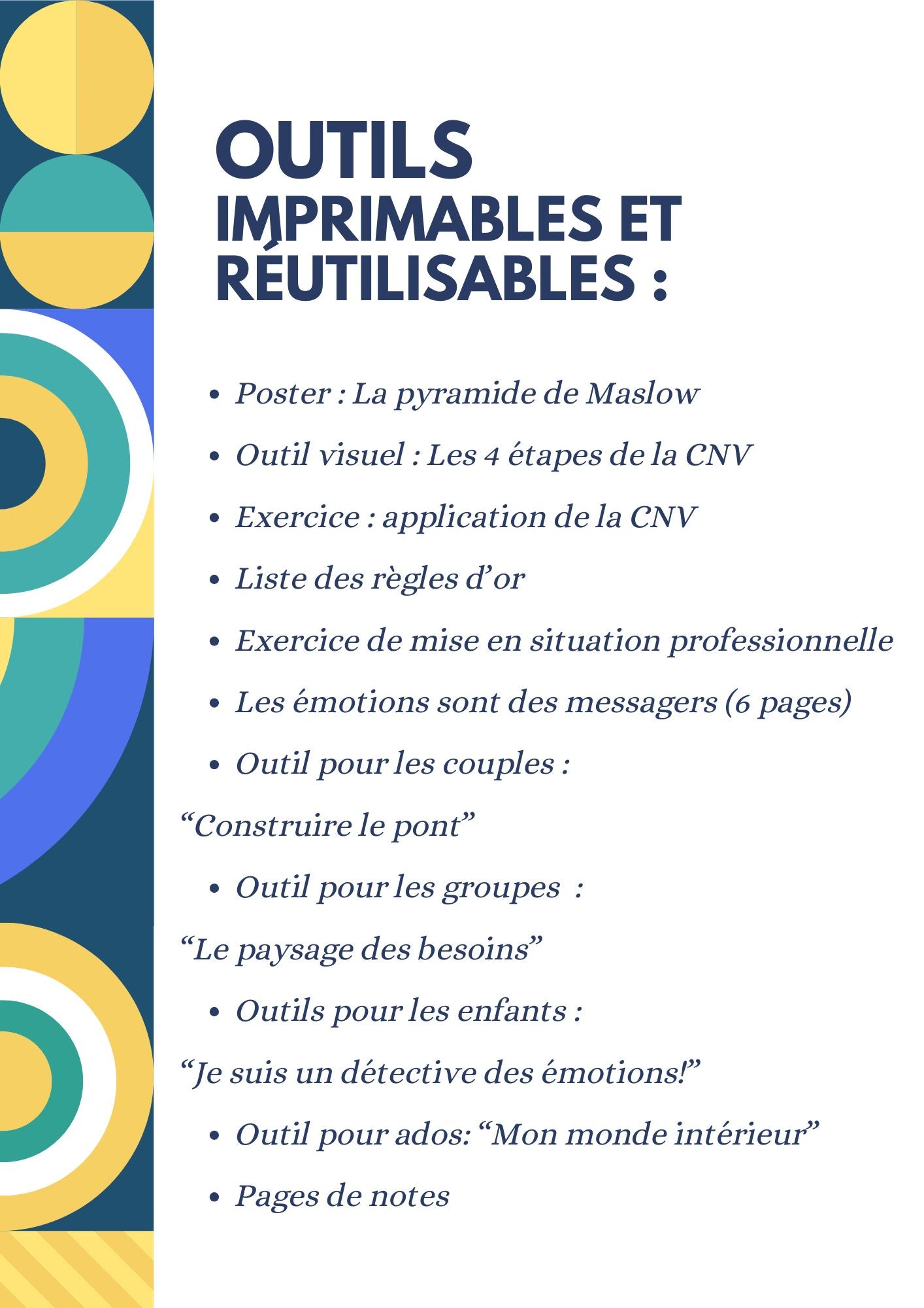 Contenu de l'ebook CNV – outils à imprimer. Reformulation et posture relationnelle à imprimer