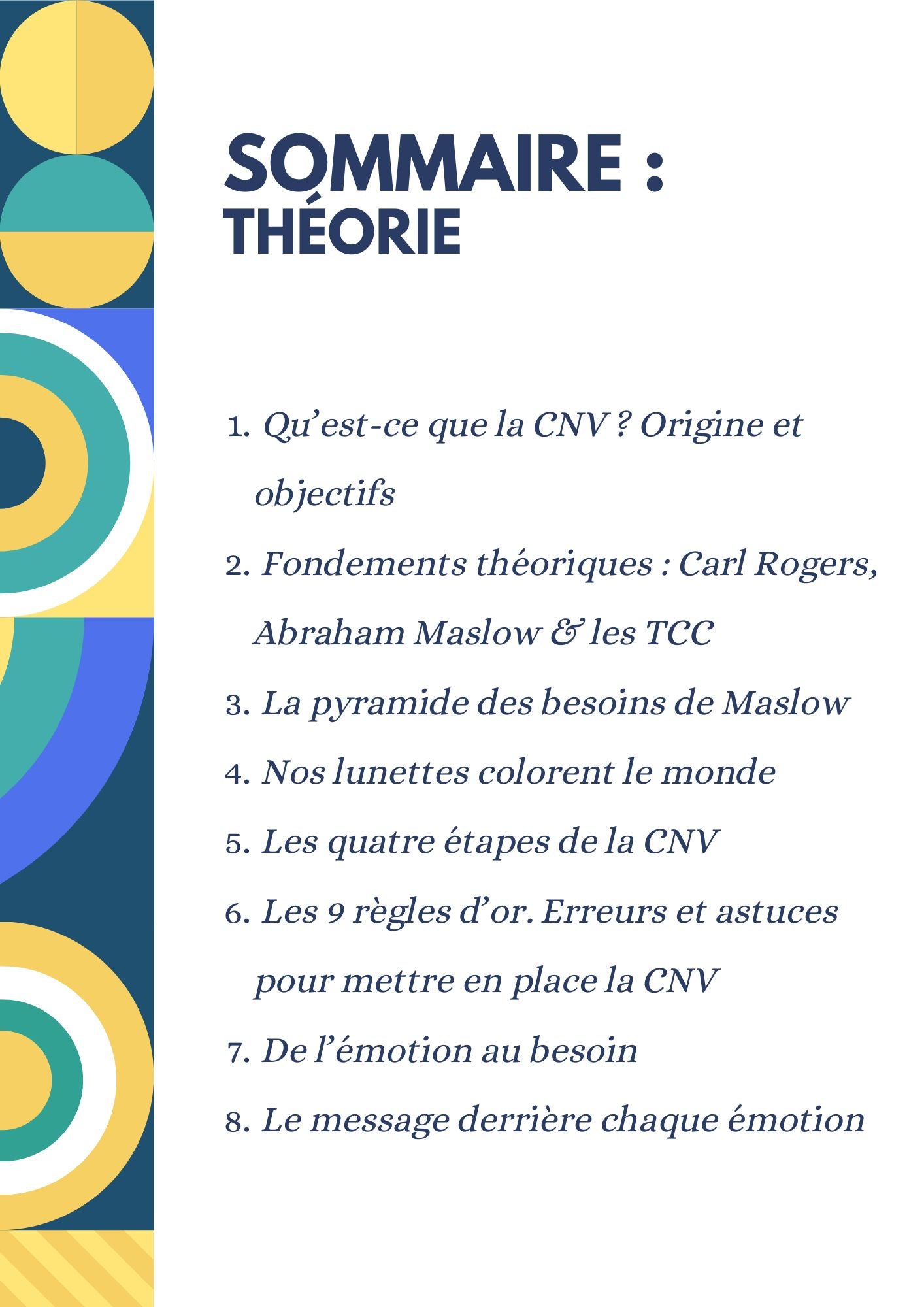 Aperçu de l'ebook CNV – fiches pratiques et exercices guidés pour thérapeutes et éducateurs. Sommaire théorique