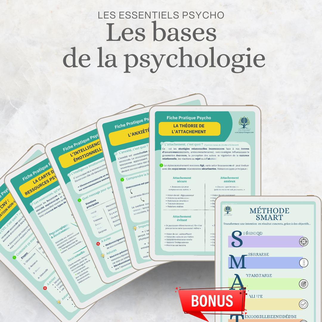 Aperçu des fiches théoriques de Psychologie PsyPack – contenu visuel et accessible sur 5 thèmes de la psychologie + une fiche bonus