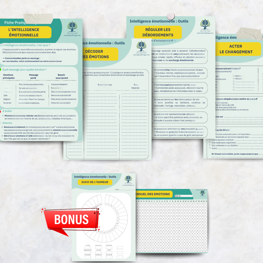 Aperçu des pages du Pack Pro Intelligence Émotionnelle – fiches et outils cliniques + bonus