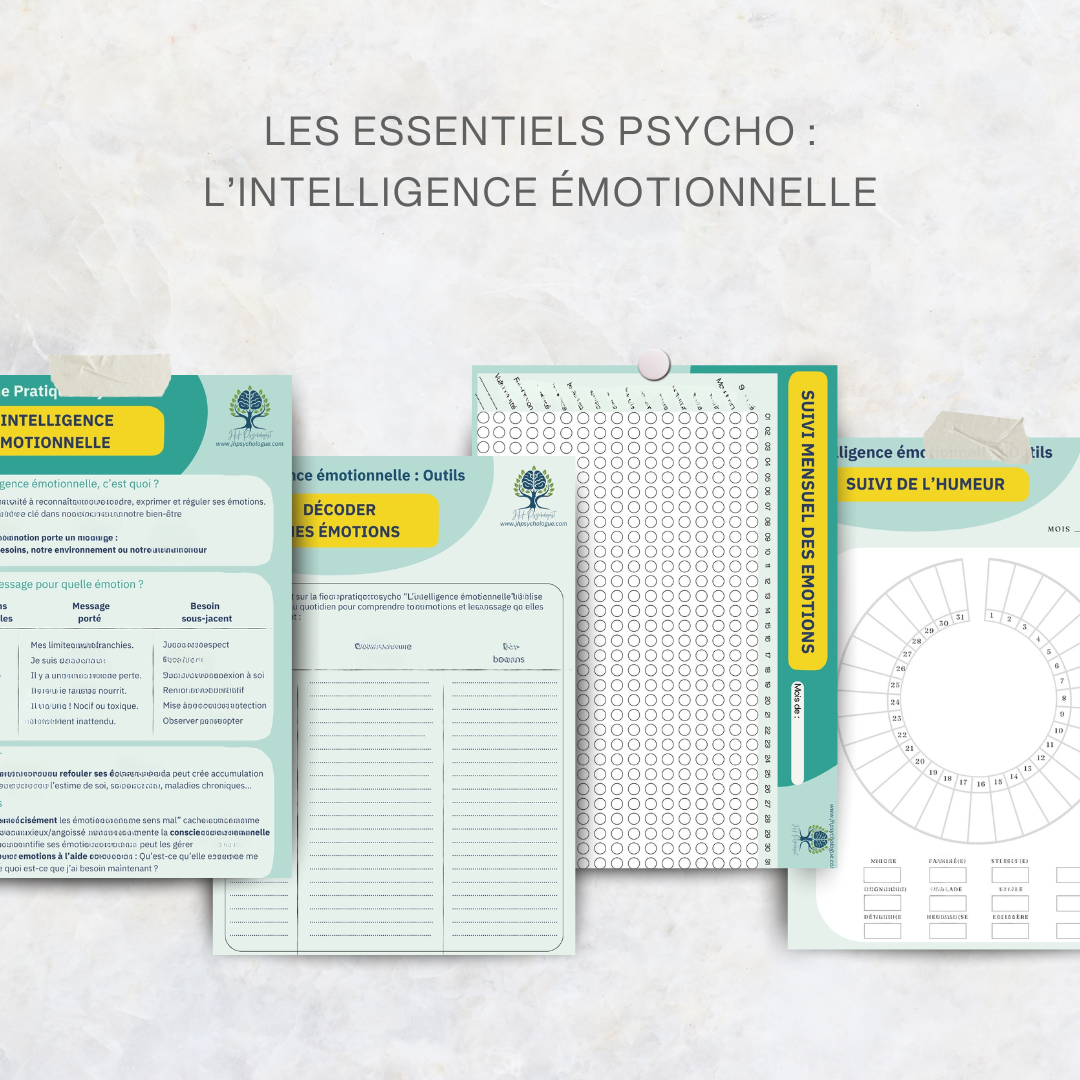 Aperçu des pages du Pack Intelligence Émotionnelle – fiches pratiques, exercices et tableau de suivi