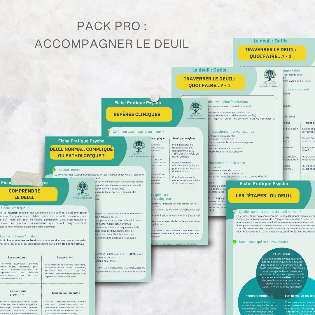 Aperçu des fiches du Pack Pro Accompagner le deuil : comprendre le deuil, repères cliniques, deuil normal ou pathologique, étapes et outils thérapeutiques PDF