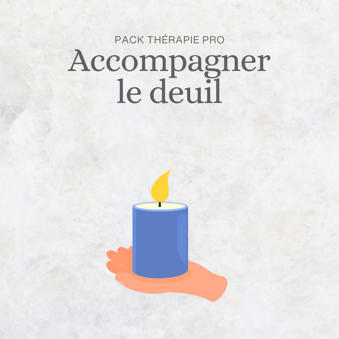 Illustration du Pack Thérapie Pro Accompagner le deuil – main tenant une bougie bleue allumée, symbole d'accompagnement clinique