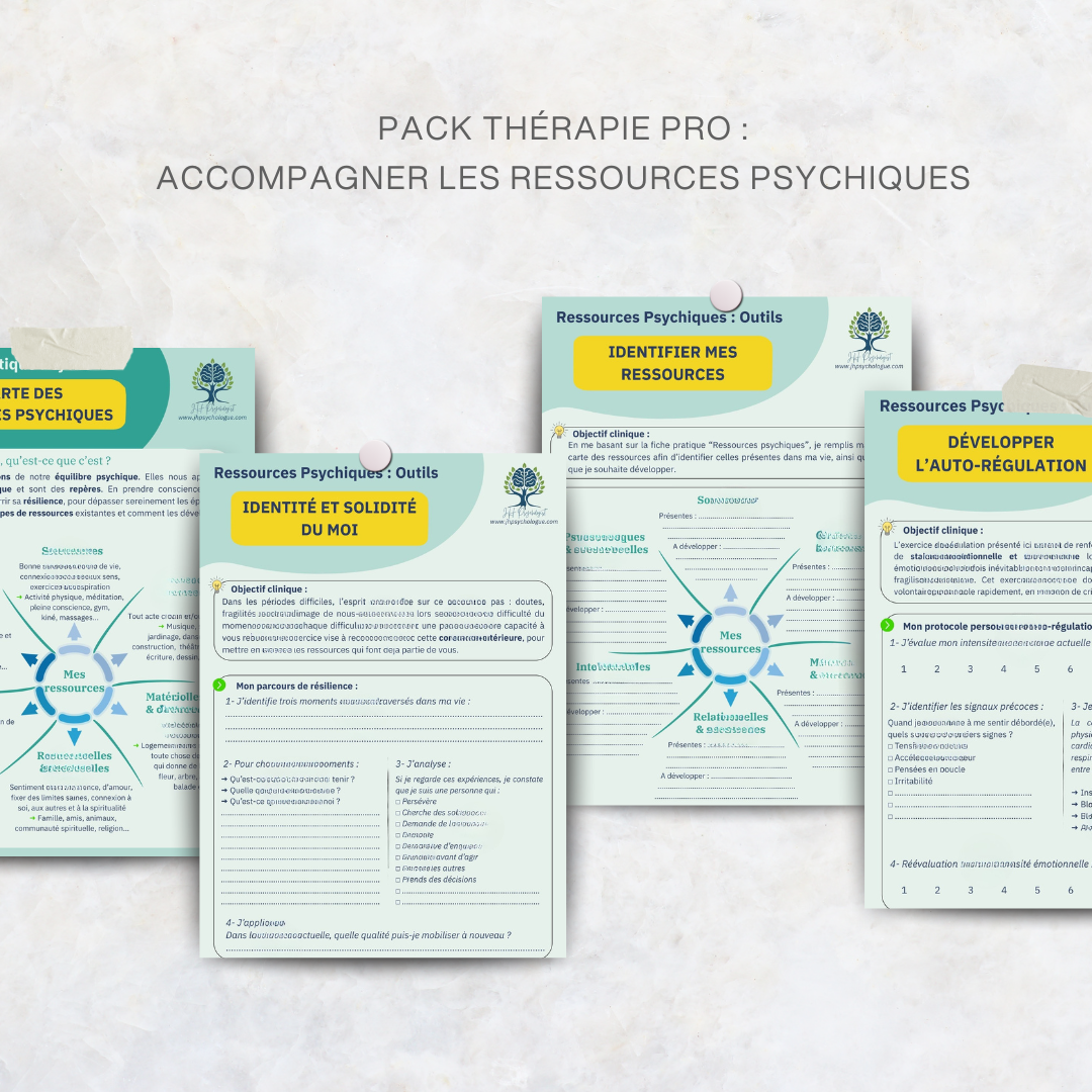 Aperçu des fiches du Pack Pro Ressources Psychiques – outils cliniques pour thérapeutes